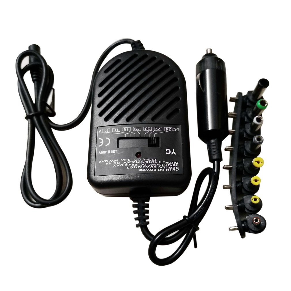 Laptop Charger - ชุดอะแดปเตอร์ชาร์จไฟในรถยนต์แบบพกพา 80W ใช้ได้กับทุกรุ่น พร้อมไฟ LED ปรับกำลังไฟได้